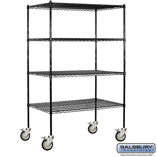 Black 48-Inch Wide by 80-Inch High by 24-Inch Deep Salsbury Industries Mobile Wire Shelving Unit 