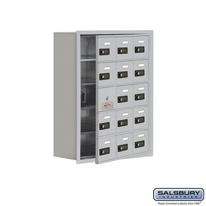 Cell Phone Storage Locker - with Front Access Panel - 5 Door High Unit (8 Inch Deep Compartments) - 15 A Doors (14 usable) - Recessed Mounted - Resettable Combination Locks