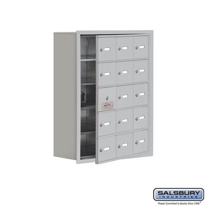 Cell Phone Storage Locker - with Front Access Panel - 5 Door High Unit (8 Inch Deep Compartments) - 15 A Doors (14 usable) - Recessed Mounted - Master Keyed Locks