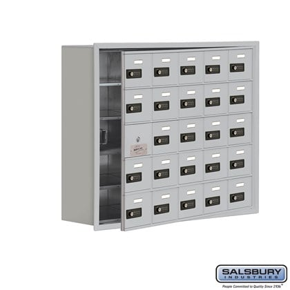 Cell Phone Storage Locker - with Front Access Panel - 5 Door High Unit (8 Inch Deep Compartments) - 25 A Doors (24 usable) - Recessed Mounted - Resettable Combination Locks