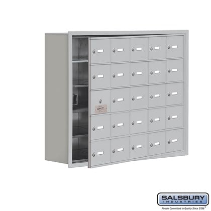 Cell Phone Storage Locker - with Front Access Panel - 5 Door High Unit (8 Inch Deep Compartments) - 25 A Doors (24 usable) - Recessed Mounted - Master Keyed Locks