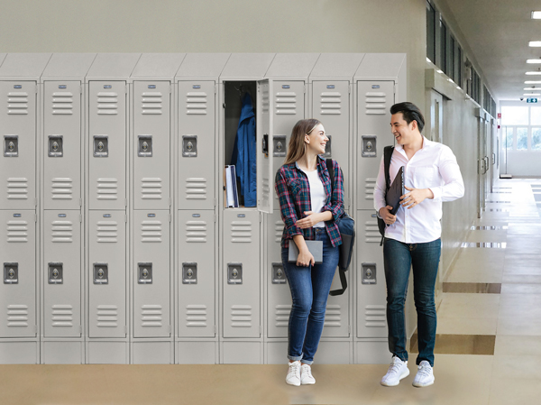 Man and Woman Standing in Front of High School Metal Lockers